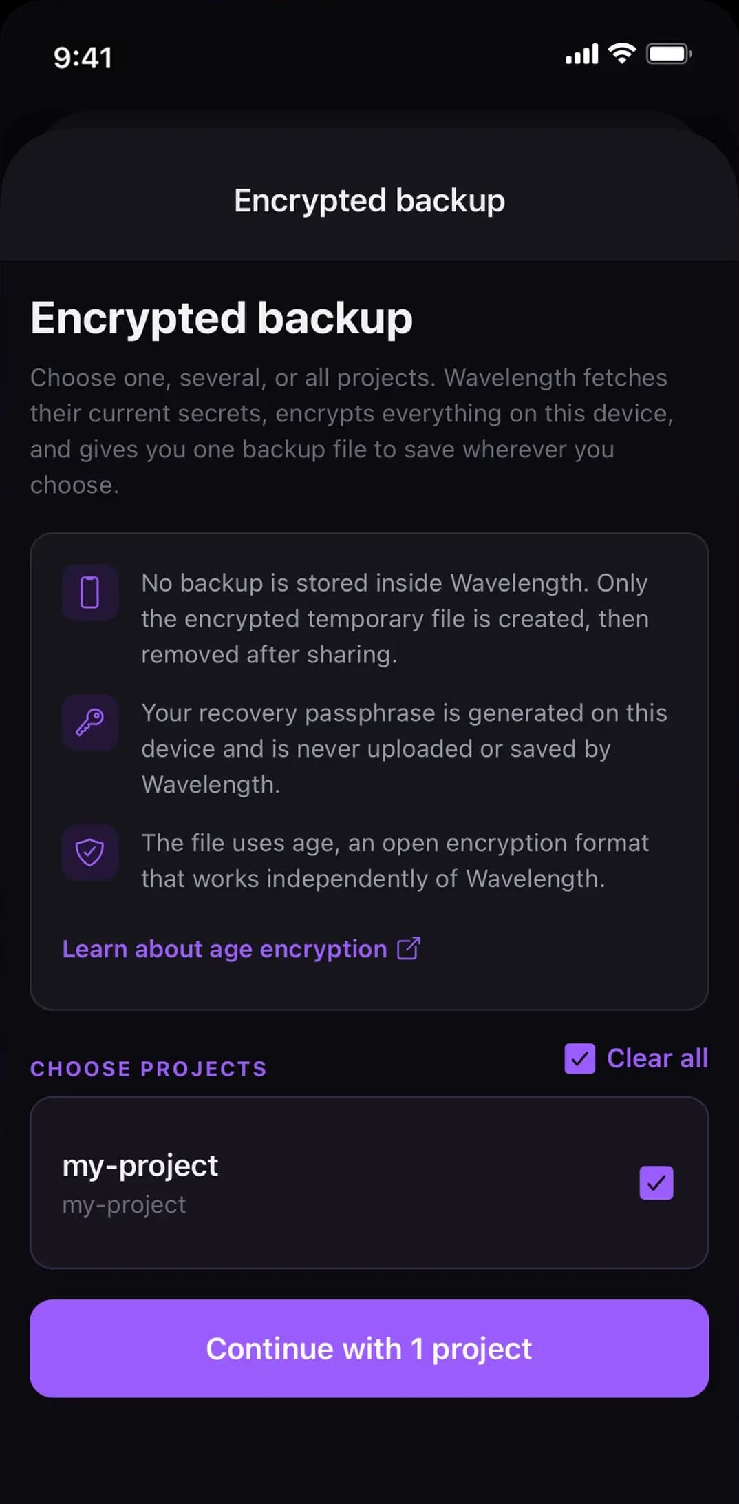 Wavelength for Doppler on iPhone — Back up multiple projects in one encrypted file